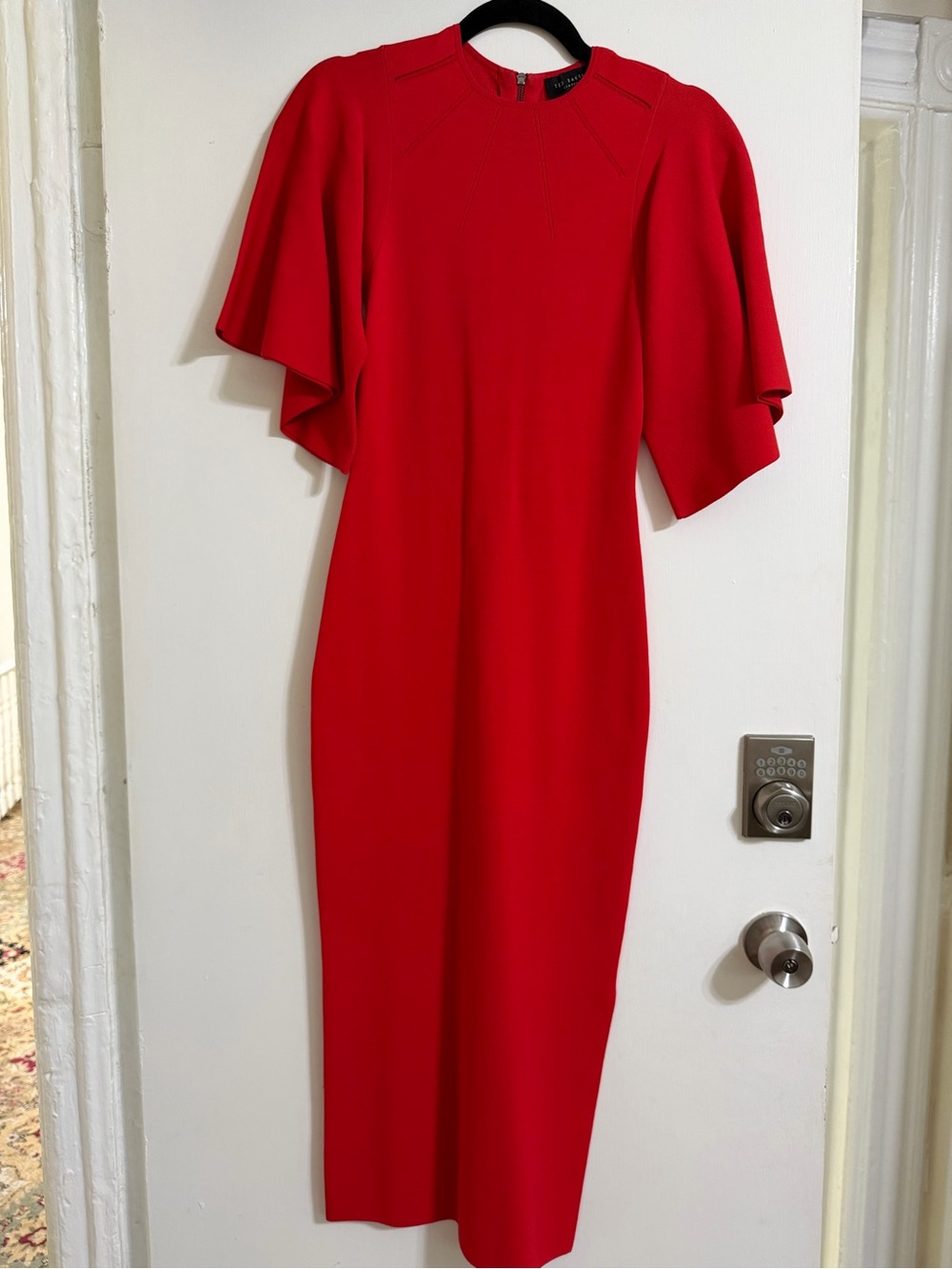 Ted Baker Sophisticated Red Midi Dress with Flutter Sleeves